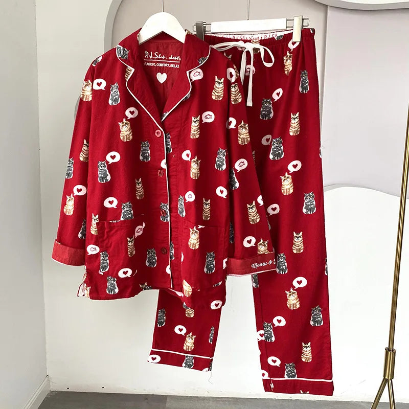 2025 New Pajamas Suit Cotton 2 Piece Set Women Print Cartoon Nightwear Long Sleeve Trousers Set Autumn Loungewear Home Clothes.