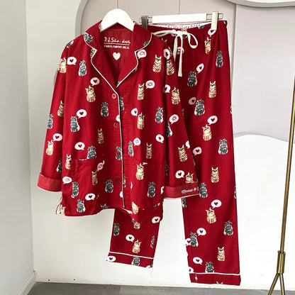 2025 New Pajamas Suit Cotton 2 Piece Set Women Print Cartoon Nightwear Long Sleeve Trousers Set Autumn Loungewear Home Clothes.