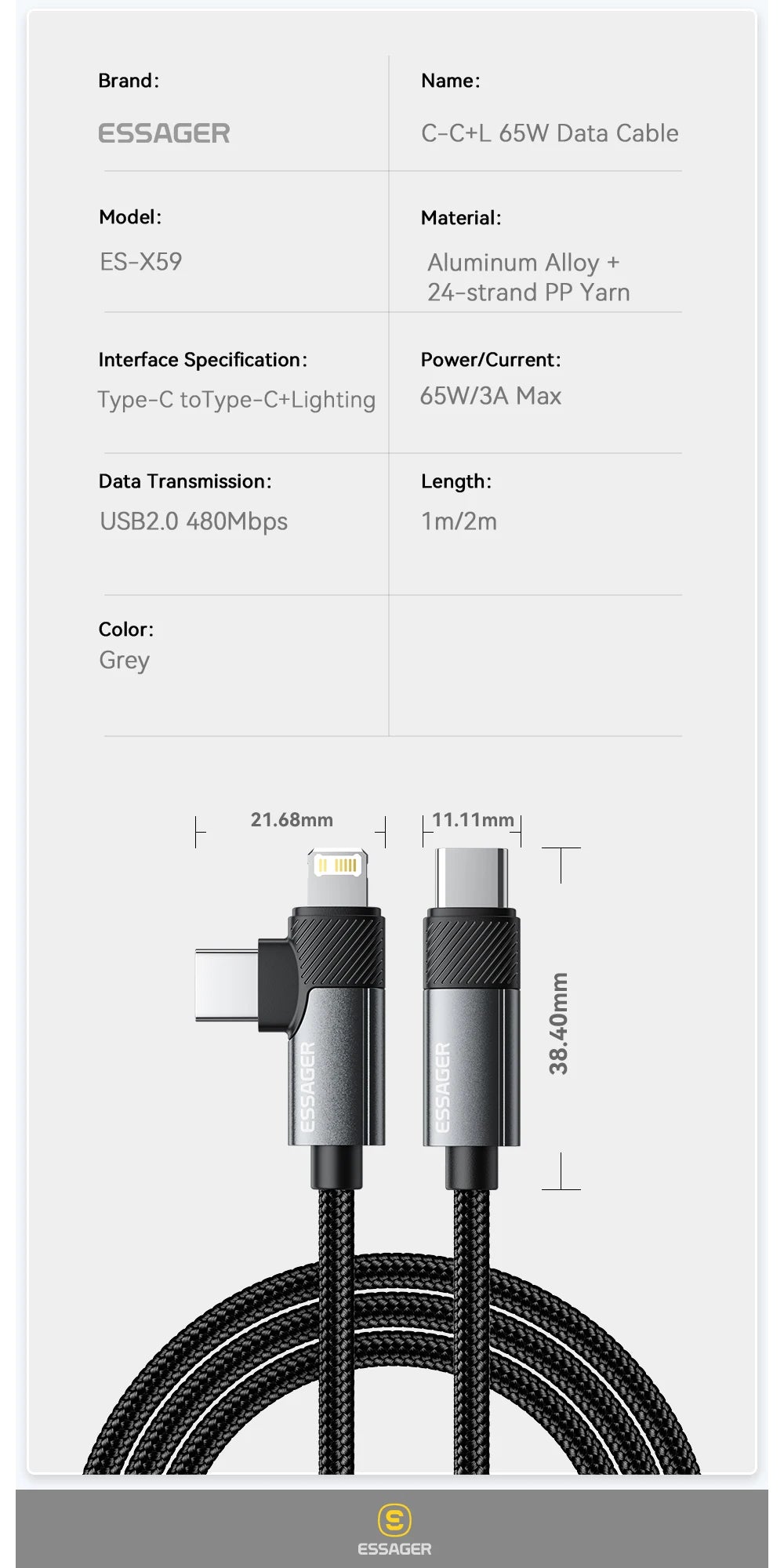 Essager 2-in-1 Right Angle Cable PD 65W 29W Fast Charging Elbow Data Cable For iPhone 15 14 13 MacBook Lenovo Asus Dell iPad Pro.
