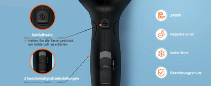 Aigostar Ionic Hair Dryer, Travel Hair Dryer with Foldable Handle, 2 Speeds and 3 Temperature Settings, 2400 W