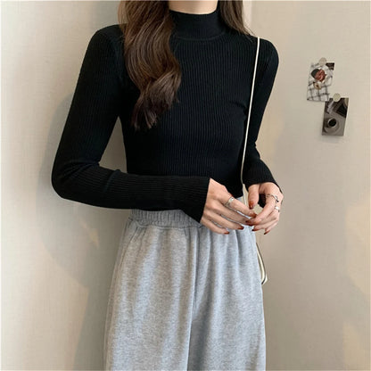 Mode Mock Neck Gestrickte Pullover Frauen Herbst Winter Neue Feste Vintage Grundlegende Tops Koreanische Dünne Rippen Pullover Casual Innere Top.