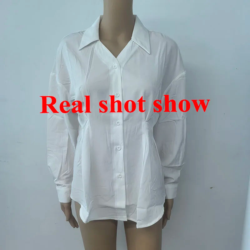 Waist Cinched Slimming Long Sleeve Shirts Women Spring Autumn All-Match Single Breasted Chic Shirt New Temperament Solid Tops.