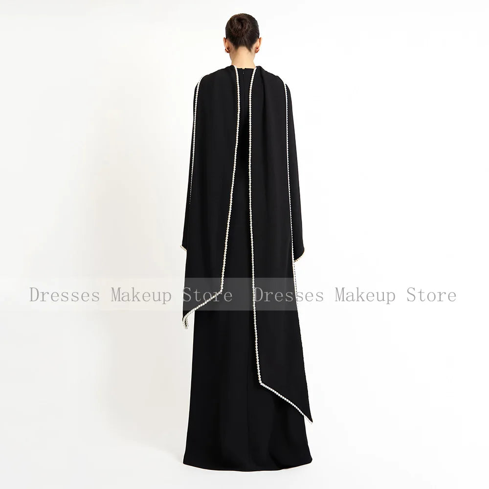 Elegantes Hochzeitskleid, schwarz, A-Linie, Perlen, lange Ärmel, O-Ausschnitt, Abendkleider, langer Schal, saudi-arabisches formelles Abendkleid.