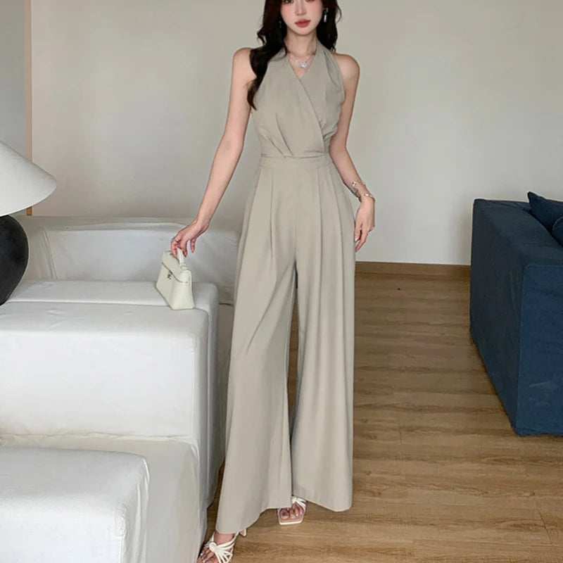 Korean Fashion Sleeveless Slim Jumpsuit For Women Office OL Elegant Sexy Backless High Waist Wide Leg Rompers 2025 New Summer.