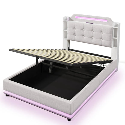 140*200cm Polsterbett mit LED-Lichtleiste und mehreren Ablagefächern, für Schlafzimmerwäsche, Beige (ohne Matratze)