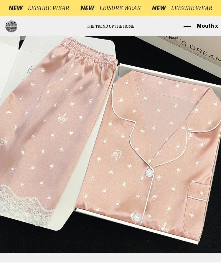 Frauen Neue Sommer Eis Seide Ins Sterne Floral Süße Pyjamas Mädchen Sommer Kurzarm Shorts Studentenwohnheim Homewear Anzug.