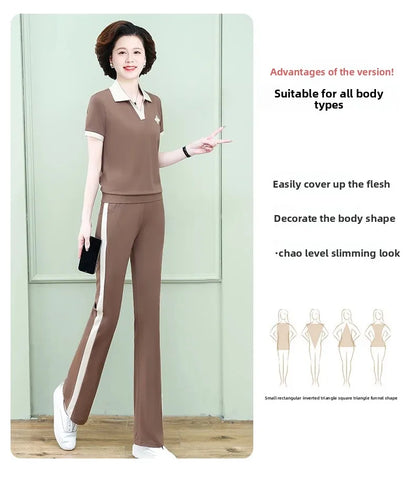 Casual Breathable Short Sleeve Sportswear Set for Middle-Aged Mothers Fashionable Summer Clothing Grandmother Style.