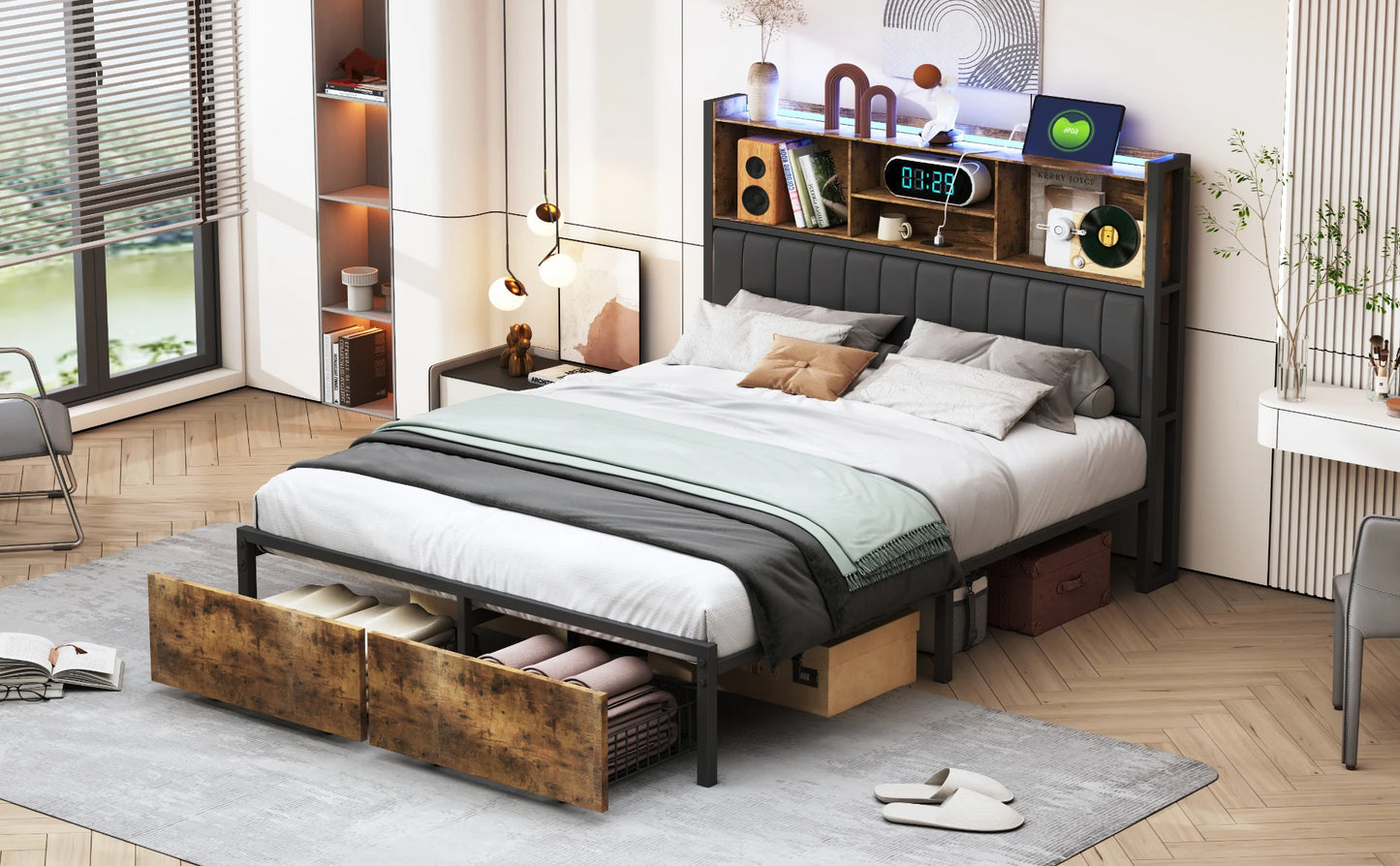 Lazyspace Bettgestell mit Schubladen 140 x 200 cm, gepolstertes Bett mit Lattenrost, Doppelbett mit LED-Kopfteil, Lattenrost aus Metall