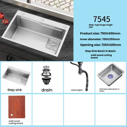 Stainless Steel Kitchen Sink Household Large Single Slot Wash Dish and Wash Vegetables Basin Multifunctional Undermount Basin