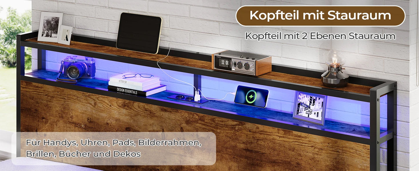 120 x 200 LED-beleuchteter Metallbettrahmen mit Steckdose und USB-Ladefunktion, Holzkopfteil, Stauraumbett B