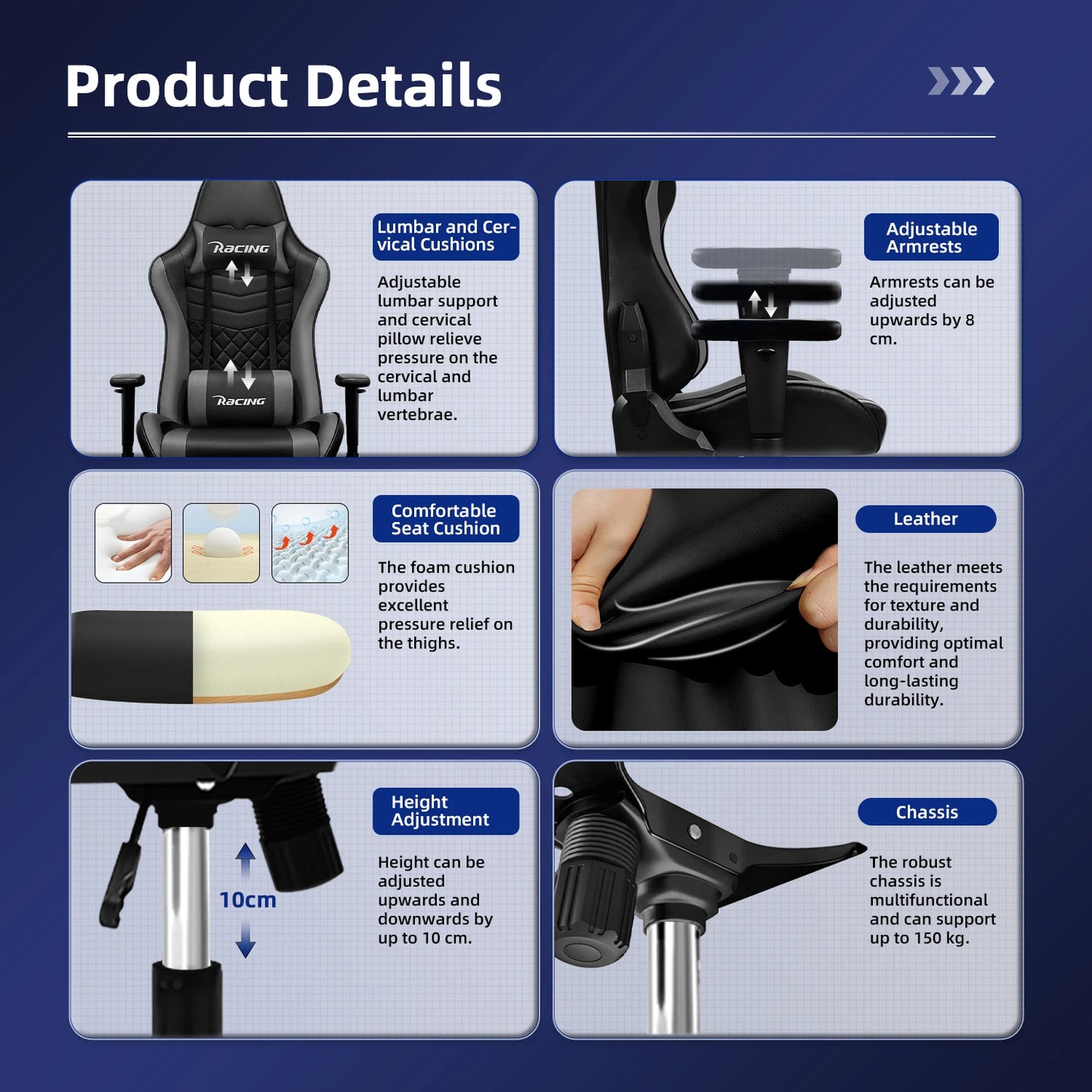 AUTHMIC Ergonomischer Gaming-Stuhl, Büro-Liegestuhl mit Lordosenstütze, verstellbare Armlehne, 150 kg Belastung für Heimarbeit, Gamer-Setup
