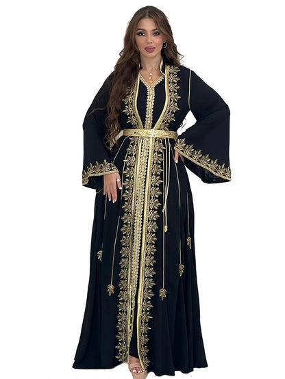 Eid muslimische Frauen Party Stickerei Kleider 2 Stück Set Jalabiya Ramadan Islam Vestidos arabische Robe Marokko Dubai Abayas Kaftan.