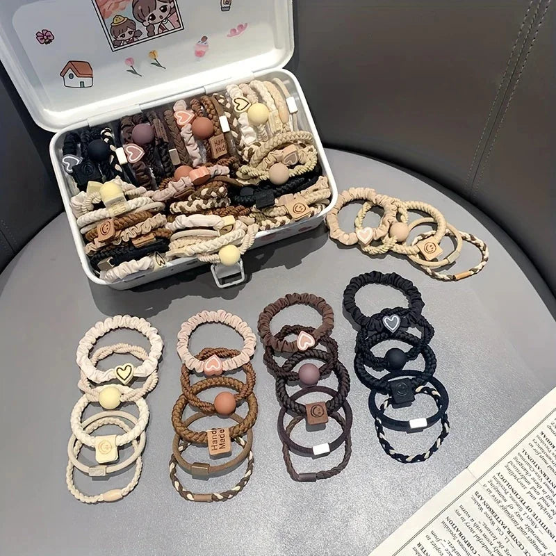 25Pcs Boho Chic Women's Hair Ties Set Cute Heart Charm & Bead Elastic Headbands Perfect for Ponytails and Workout Bohemian Style.