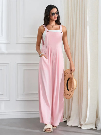 Women Fashion Jumpsuits Sleeveless Buttons Suspender Wide Leg Pant Overalls with Pockets Casual Loose Romper Streetwear.