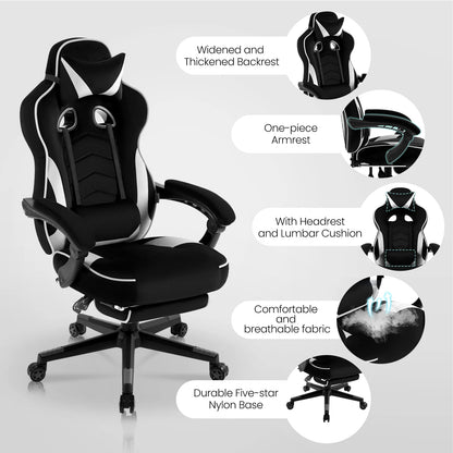 WOLTU Drehbarer Gaming-Rennstuhl, Schreibtisch, Büro, Computerstuhl, Sportsitz mit Kopfstütze, Lendenkissen, Fußstütze, Gamer-Stuhl