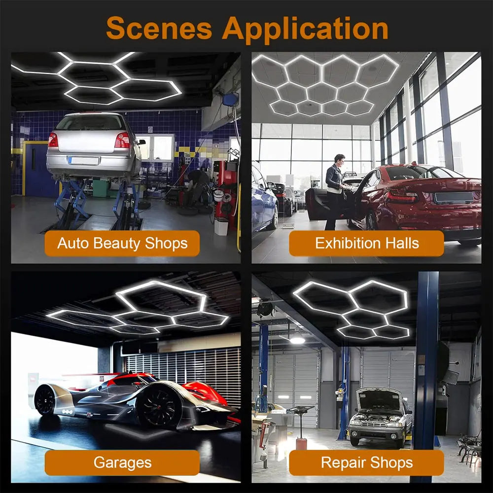 High brightness honeycomb hexagonal garage LED light 6500K suitable for garages, 4S workshops, car beauty shops, gyms.
