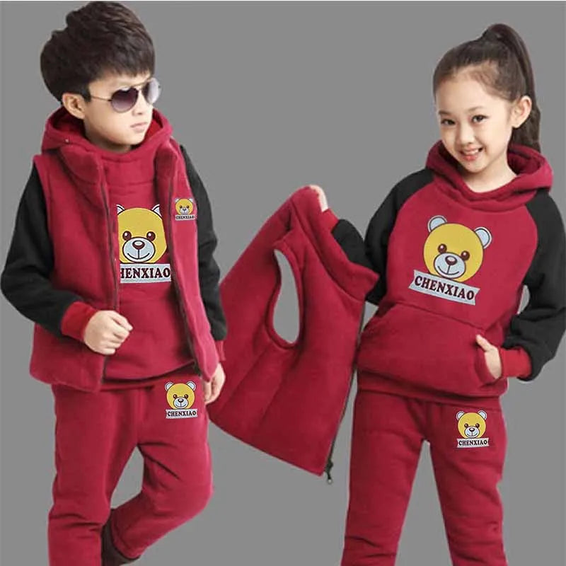 2024 Boys Padded Warm Set Children's Hooded Cartoon Solid Colour 3 Pcs Autumn Winter New Girls Sweatshirt Cute Casual Suit 4-12Y