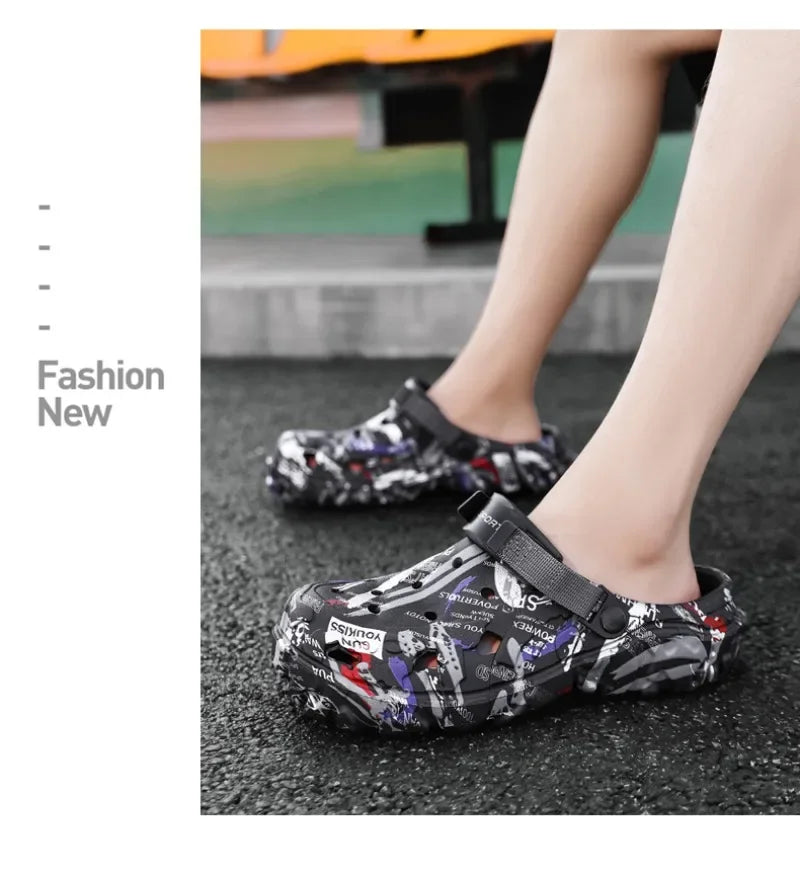 Plus Size 47 Men's Clogs 2025 Summer Sandals Beach Slippers Flat Sandals Men Leisure Slides Creative Printing Man Casual Shoes