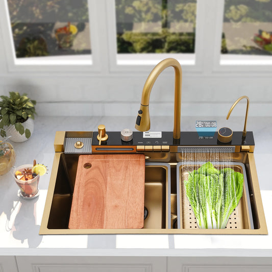 Wasserfall-Küchenspüle-Set mit Digitalanzeige und Wasserhahnschläuchen |   75 * 46 * 22 cm goldenes Edelstahl-Spülbecken-Set für modernes Zuhause