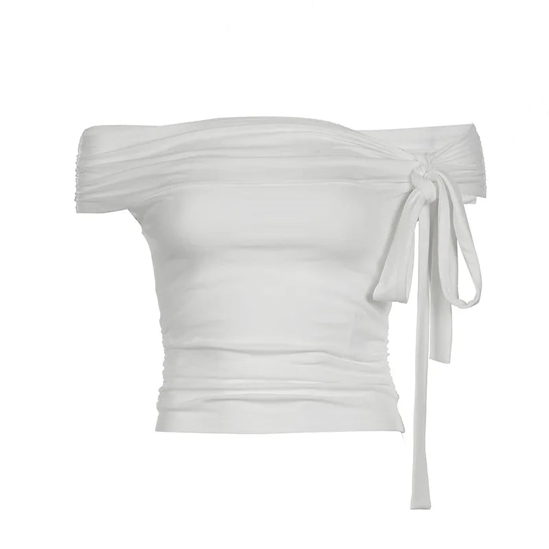 Gentle Style Asymmetric Knotted Straps with One Shoulder Solid Color Top Pleated Waist and Slim and Versatile Short Sleeves.