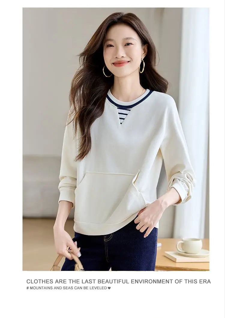 Apricot Round Neck Contrast Long Sleeve Womens Sweatshirt Stylish Casual Minimalist Top.