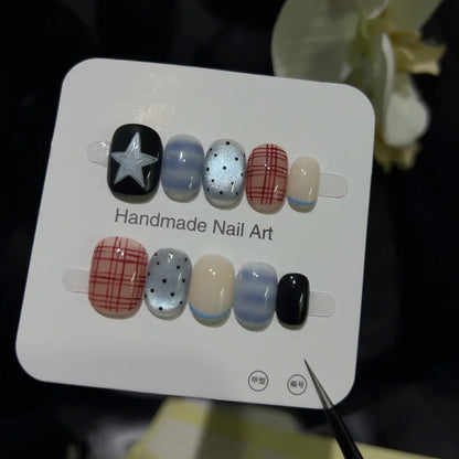 10pcs Short Oval Shaped Press-On Nails - Color Block Stripes & Star Designs Glossy Mix-and-Match False Nails for Women and Girls.