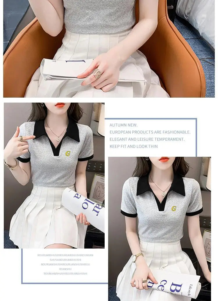 Women's Polo Shirts Slim Female Tee Plain Graphic T-shirts Embroidery Polyester Y2k Fashion Aesthetic Basic Synthetic Luxury New.