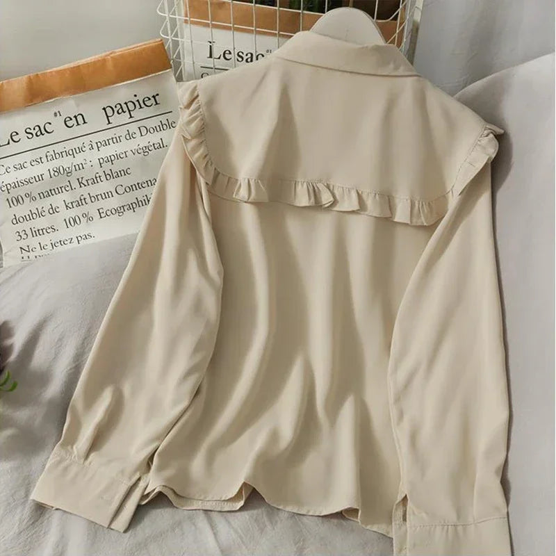 Spring Vintage Women Chiffon Shirts Korean Fashion Lace Up Loose Blouses Y2K Elegant Office Ladies Long Sleeve Outwear Tops New.