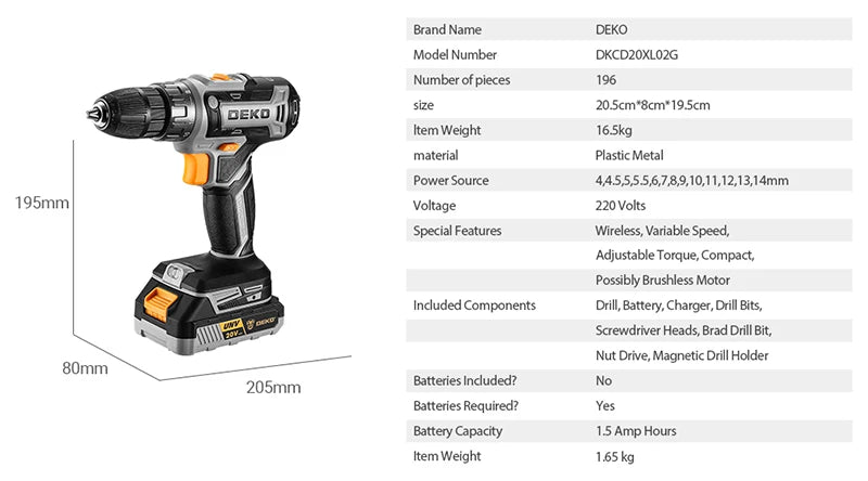 Die 20-V-Akku-Bohrmaschine von DEKO verfügt über zwei Wechselgeschwindigkeiten. 18+1 Drehmomentschraubendreher. 29-teiliges Bohrset mit 1,5-Ah-Akku und Ladegerät