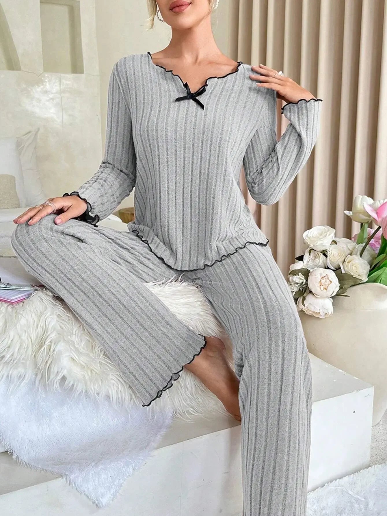 Women Autumn Winter Sleepwear Ribbed Pajamas Set Long Sleeve Top and Long Pants 2 Piece Set Casual Homewear Loungewear.