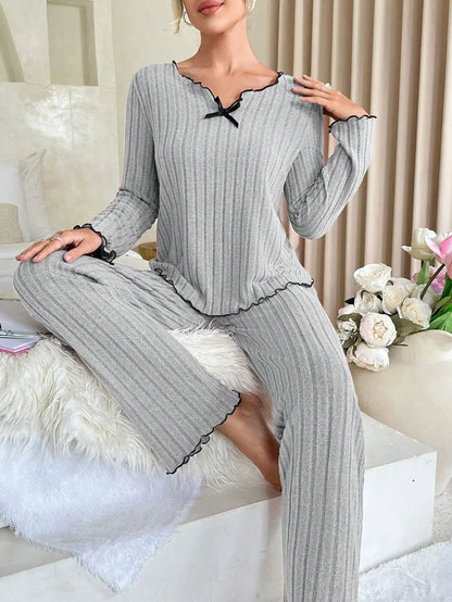 Women Autumn Winter Sleepwear Ribbed Pajamas Set Long Sleeve Top and Long Pants 2 Piece Set Casual Homewear Loungewear.