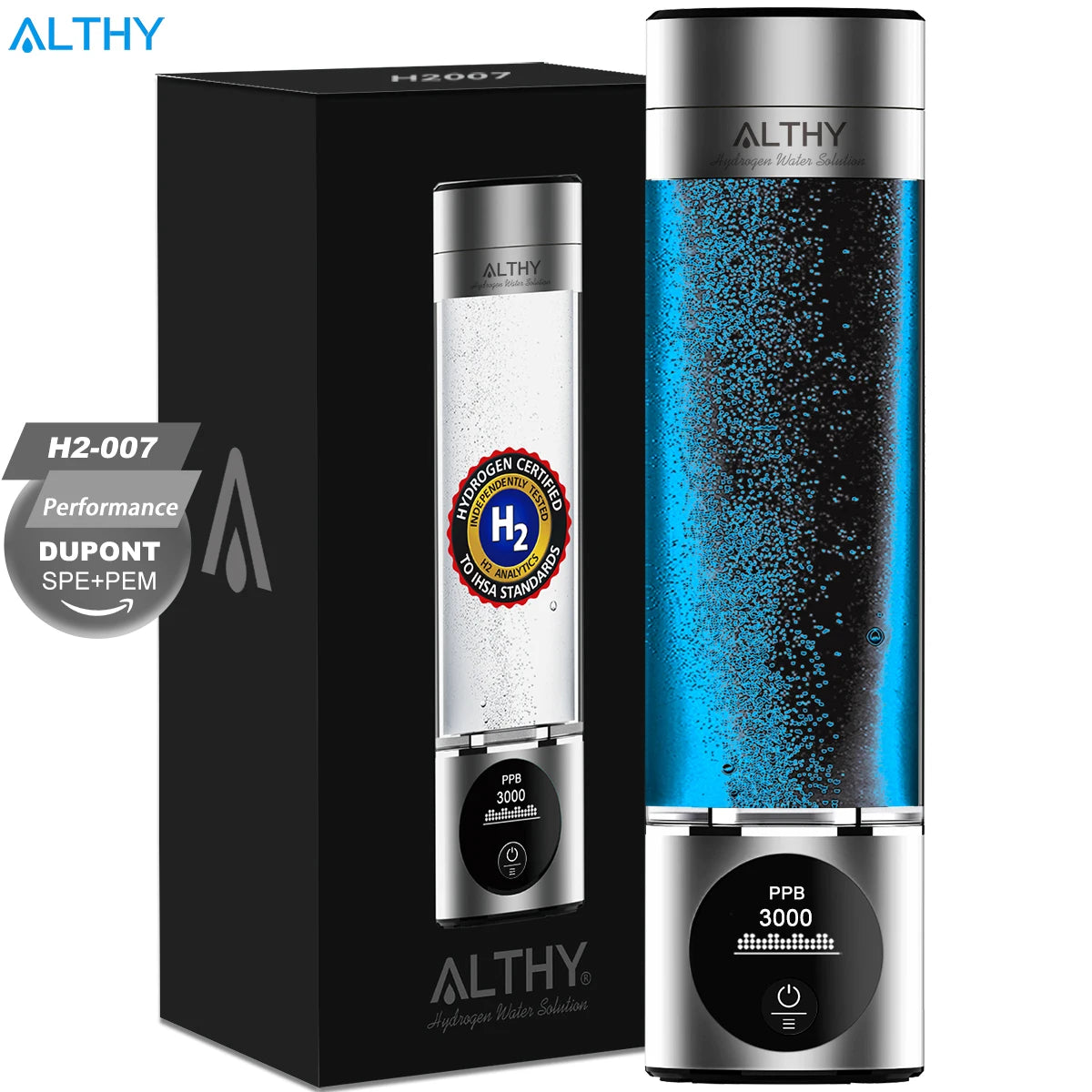 ALTHY Performance Hydrogen Water Generator Bottle DuPont SPE+PEM Dual Chamber + PPB&Time&Battery Display + H2 Inhalation Device.