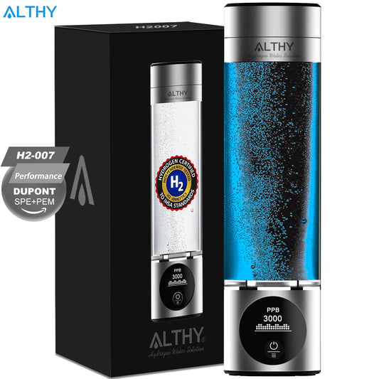 ALTHY Performance Hydrogen Water Generator Bottle DuPont SPE+PEM Dual Chamber + PPB&Time&Battery Display + H2 Inhalation Device.