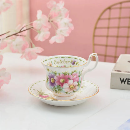 Coffee Cup and Saucer Set Month Flower Mug Bone China Drinking Set Ceramic Cup and Saucer Home Teacup Dessert Saucer Gifts.