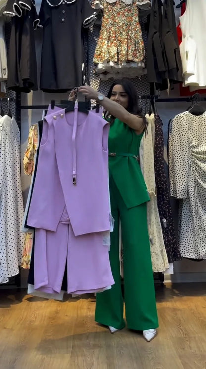 Women Women Piece Set High Waist Pocket Pant Sets Tops Solid Sleeveless Spliced Elegant Round Neck Top Suits Office Lady.