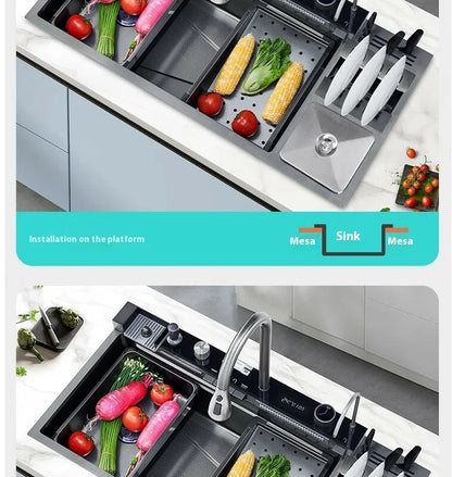 Stainless Steel Kitchen Sink Large Size Single Slot Multifunctional With Trash Can and Drain Rack Household Wash Dish Basin