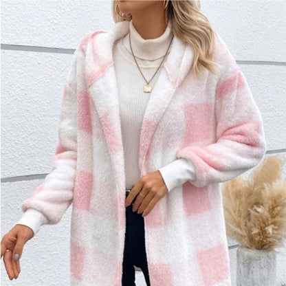 Frauen Herbst Winter Doppel Fleece Plaid Strickjacke Weiche Lose Lange Hülse Plüsch Warme Mit Kapuze Jacke Weibliche Patchwork Oberbekleidung Mantel