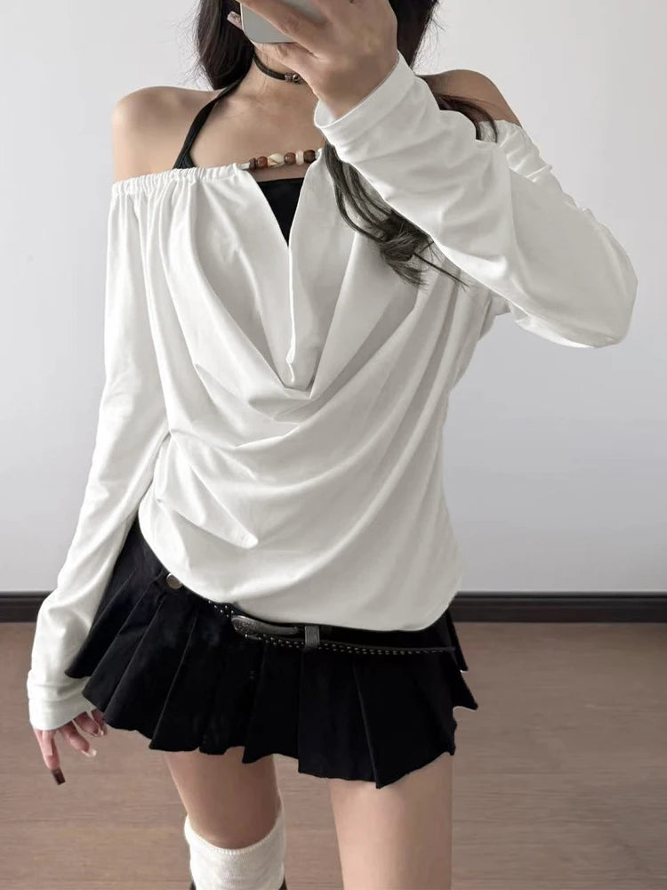 2025 Autumn Winter Women Korean Fake Two Pieces Slash Neck Top 2000s Long Sleeve T-Shirt Kpop Tees Y2k Design Coquette Gyaru New.