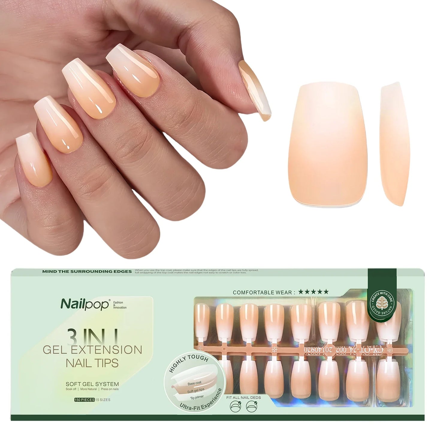 NAILPOP 150Pcs 4 in 1 Ombre Gel Nail Tips White Gradient Soft Gel False Nail Tips Soak Off Fake Nails Extensions DIY 15 Sizes.