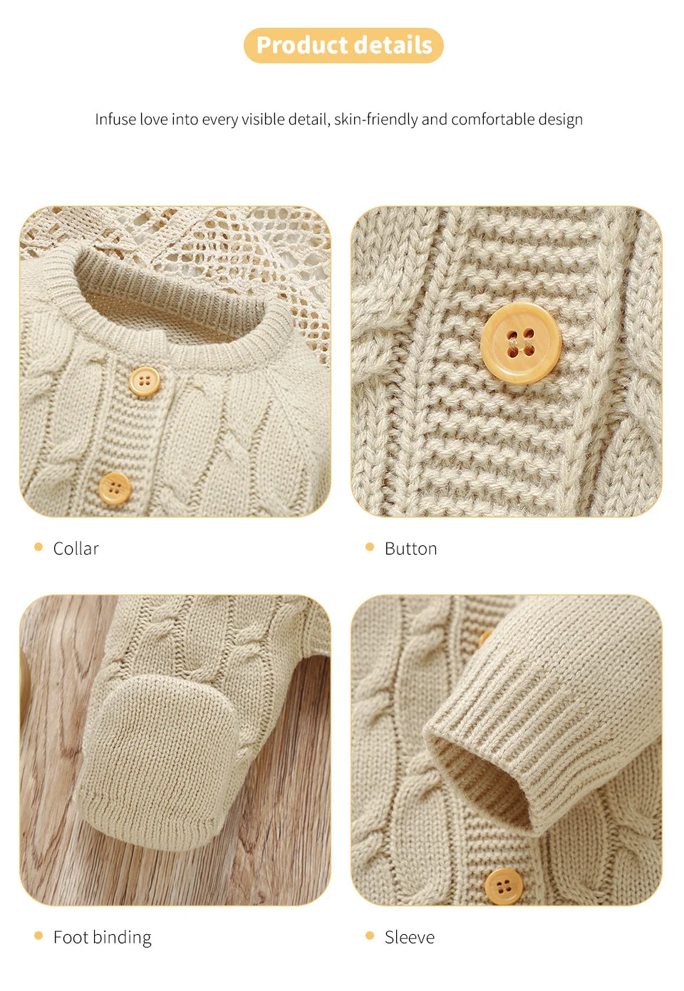 Winter Baby Jungen Strampler Kleidung Beige Rundhals Volle Hülse Gestrickte Neugeborenen Pullover Overalls Einteilige Kleinkind Outfits.