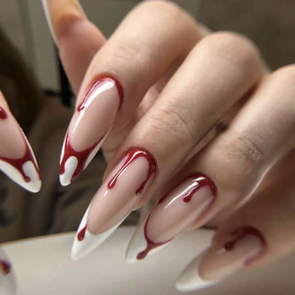 24pcs Blood Red Fake Nails Gradient Long Pointed False Nail Patch Full Cover Wearable Fake Nail Tips Halloween Manicure Sets.