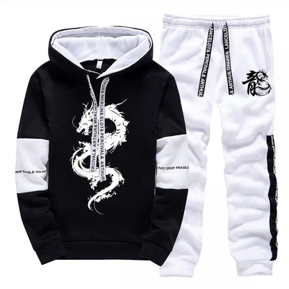 Men's Hooded Sweatshirt Sweatpants 2pcs Set Urban Casual Fashion Hoodie Outfits Dragon Printed Pullover Male Sporty Jogger Suit.