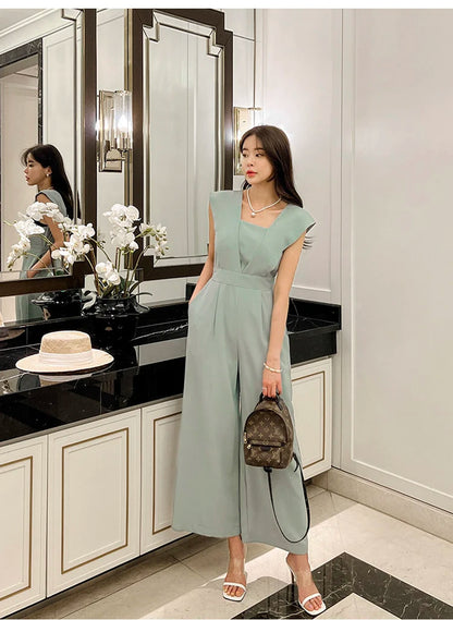 H Han Queen Summer Elegant Business Jumpsuits Women Simple Wide Leg Long Playsuits Korean Sleeveless Casual Rompers Office Lady.