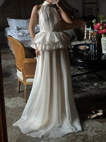 VGH Solide Abend Gespleißt Rüschen Maxi Kleider für Frauen High Neck Ärmellose Tunika Temperament Zeremonie Kleid Weibliche Kleidung