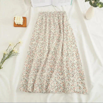 Gidyq Women Chiffon Midi Skirt Korean Fashion Floral Loose Skirts High Waist Female Casual All Match A Line Skirts Summer New.