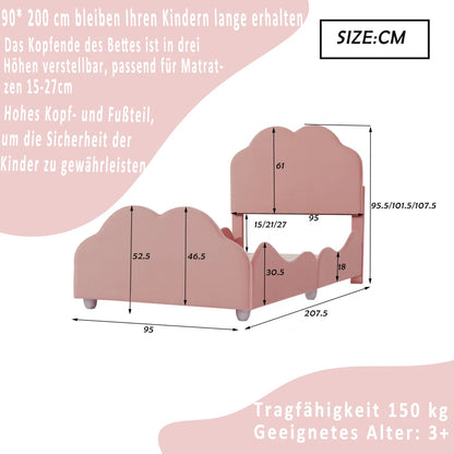 Kinderbett 90 x 200 cm hohes Geländer, Kinderbettgestell mit wolkenförmigem Kopf und Fußteil, Bett aus hautfreundlichem Samt