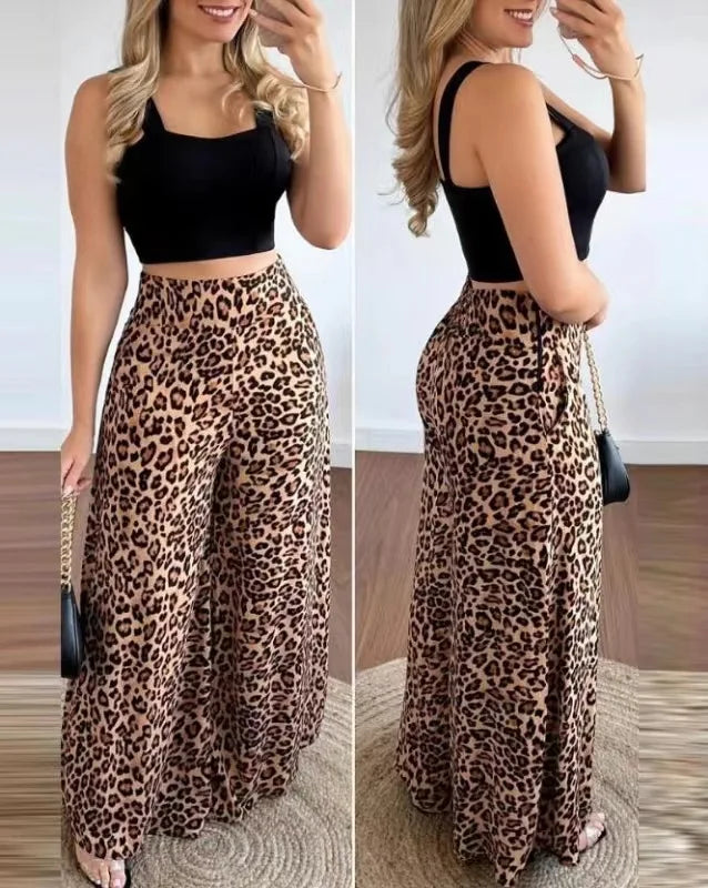 Women Two Piece Sets Outfits 2024 Summer Fashion Square Neck Sleeveless Crop Tank Top & Leopard Print Pocket Wide Leg Pants Set.