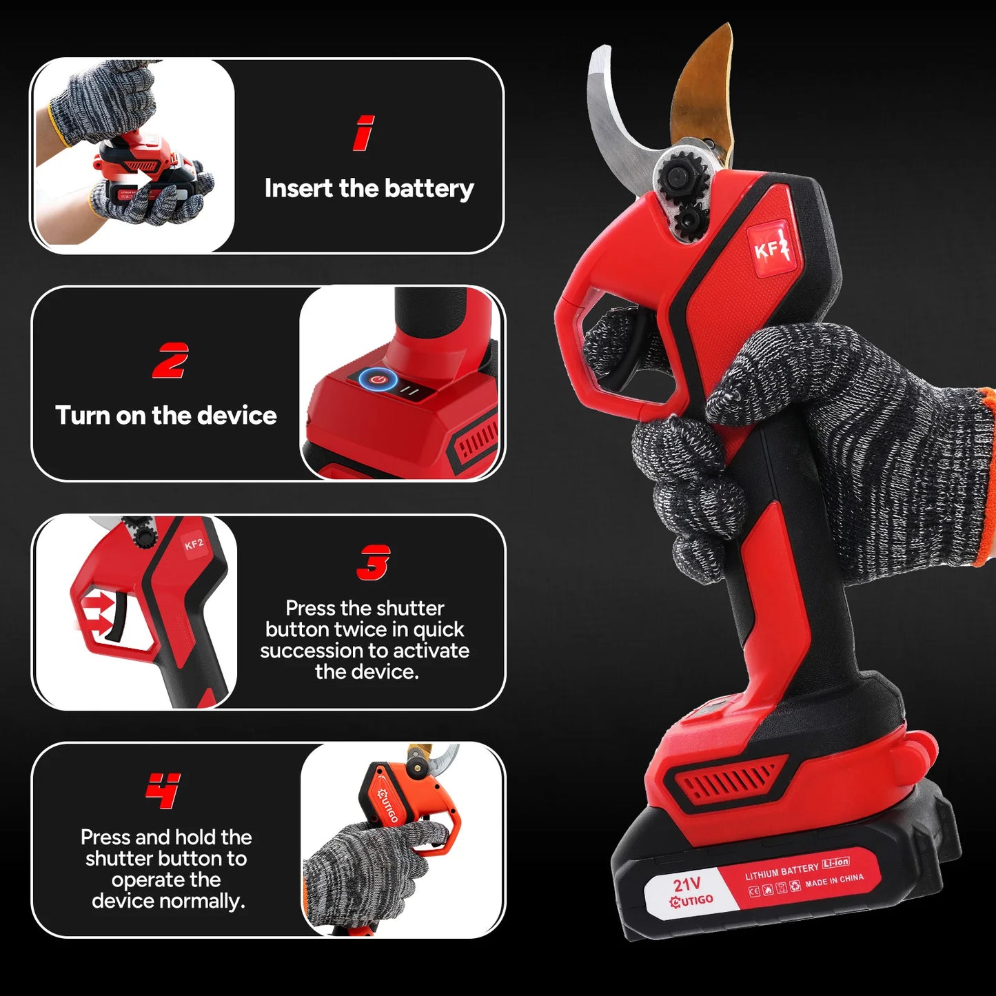 Professionelle Elektrische Gartenschere 25mm 2*1500mAh,2* 21v Lithium-Wiederaufladbar Akku Astschere, Rosenschere