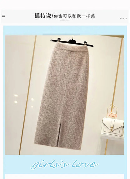Mink velvet skirt female autumn and winter mid-length knitted one-step skirt split straight winter skirt casual solid long skirt.