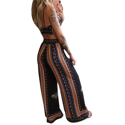 Sexy Two Piece Set Women Outfit 2025 Summer Butterfly Print V-Neck Cropped Top High Waist Drawstring Casual Wide Leg Pants Sets